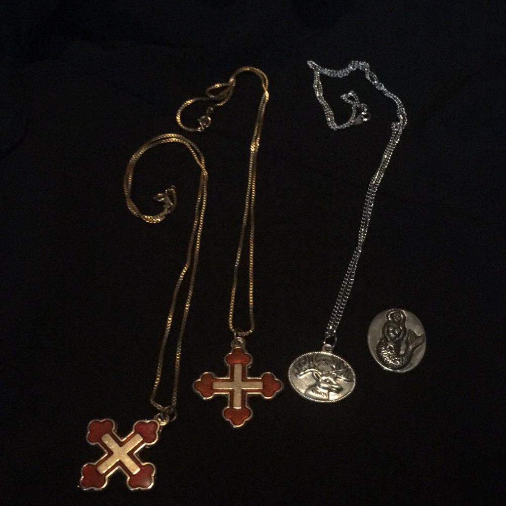 3 chains- Greek cross- pendants- mermaid